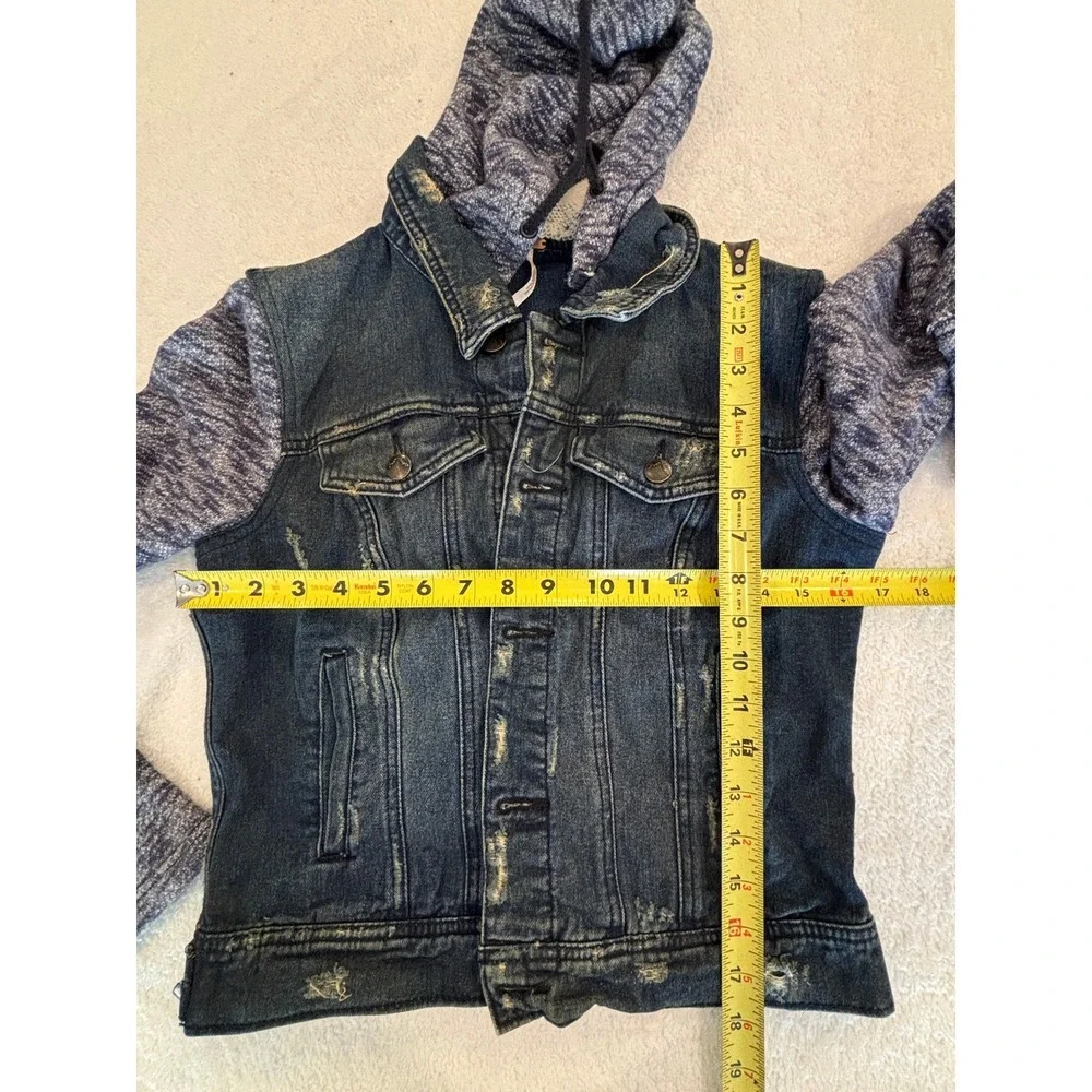 Free People Hooded Denim Jacket Mixed Media Knit Sleeve Distressed Blue Small - Picture 4 of 5